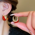 Orecchini a cerchio cuore rosso in argento e oro con cristalli per donna - Clip per Orecchio con Strass Micro-Intarsiati / Rosso Oro Intarsiato (61# Clip per Orecchio)