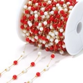 Red and white beaded chain with gold-plated stainless steel wire for DIY jewelry making - 0.8mm Gold Chain 4.5mm Red White Mixed Beads