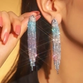 Elegant long fringe tassel earrings with sparkling blue and white gradient rhinestones - 3D Style / Blue White Gradient