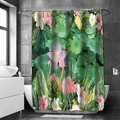 Tenda da doccia tropicale con fenicotteri rosa e fiori di loto in tessuto di poliestere - 90x180cm / Verde Scuro