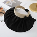 Black wide brim UV protection shell hat with beige straw weave and bow decoration - M (56-58cm) / Black