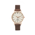 Detail of rose gold alloy quartz watch with minimalist dial and mesh strap - Brown