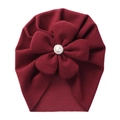 Soft wine red baby turban hat with elegant fabric flower and pearl centerpiece - Burgundy