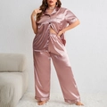Damen Schlafanzug-Set aus rosa Seidensatin mit Kurzarmhemd und langer lockerer Hose - 1XL / Lotusrosa
