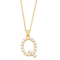 Macro detail of gold letter Q pendant with imitation pearl inlay on a dainty chain - Letter Q