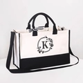 White canvas tote bag with black trim, stripe bow, and letter K floral print - Zipper Crossbody Style-With Shoulder Strap / Beige Black-Letter K