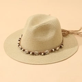 Cappello Panama in paglia beige avena con conchiglie e perline in legno stile boho - M (56-58cm) / Color Farina d'Avena