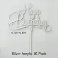 Silver mirror acrylic happy birthday cake topper set, pack of 10, 10.7cm x 13.8cm - Happy Birthday Style 4 (Silver) / 10 Pcs