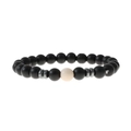 8mm black natural stone bead bracelet with beige center bead and silver spacers - White