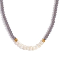 Retro beaded necklace with grey faceted crystals, white pearls, and gold metal beads - Grey Beads