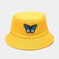 Yellow cotton bucket hat with blue butterfly embroidery for sun protection - Yellow