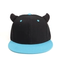 Blue and black flat brim baseball cap with creative devil horns and contrast details - Black Hat with Lake Blue Brim