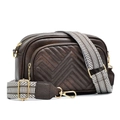 Vintage brown leather crossbody bag with chevron quilting and patterned wide strap for women. - Double Layer Coffee
