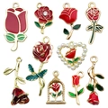 Set of ten assorted gold-finish enamel rose pendants with rhinestones and pearls - Mixed 10pcs Enamel Rose Set (SN785)