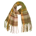 Plaid scarf in green, brown, and yellow knit with soft thick fringes for women - Army Green