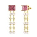 Pink gemstone tassel earrings with S925 silver, pearls and sparkling crystals - Golden Pink Stone Long Tassel Pearl Drop Earrings (GPE58)