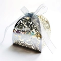 Silver laser-cut floral wedding favor box with a light blue translucent ribbon bow - Reflective Silver