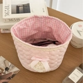Pink heart-quilted lace storage bin with ribbon bow and checkered interior - Pure Pink