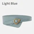 Light blue wide leather waist belt featuring a gold triangular metal buckle for women - Light Blue