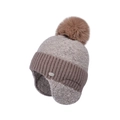 Berretto invernale in maglia color caffè con pompon in ecopelliccia e paraorecchie - caffè