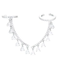 Silver fringe ear cuff with rainbow zircon teardrop pendants in a long dangle style - Platinum Plated White Zircon