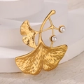 Ginkgo leaf earrings in gold finish with elegant pearl accents on geometric stands - Gold Ginkgo Leaf Pearl Brooch