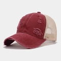Close-up of distressed burgundy denim texture and breathable mesh on a vintage cap - Adjustable / Burgundy