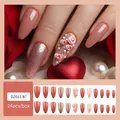 Long pointed press-on nails set with 3D pink roses, pearls and rose gold glitter - Jelly Glue Type / DZ611-B7 Camellia Pink