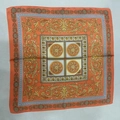 Elegant silk scarf featuring vibrant orange baroque patterns and greek key borders - Cashew Flower Square Scarf / 65