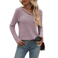 Detailed view of lavender knit top with ribbed texture and decorative buttons on V-neckline - Light Purple