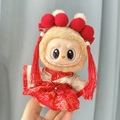 Labubu doll in traditional red Chinese costume with plush pom-poms and golden patterns - New Year's Battle Robe / First And Second Generation Keychains Are Compatible With La Cloth Dolls. Dolls Not Included.