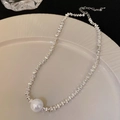 Silver block link necklace featuring a single white pearl accent in a ceramic bowl - Silver Pearl Triangle Crushed Silver Necklace (12#)