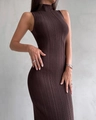Slim fit dark brown sleeveless knit dress with high neck and ribbed texture - S / Dark Brown