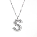 S-letter pendant necklace with puffy balloon 3D design in silver stainless steel finish - Steel Tone Letter S