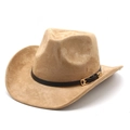 Chapeau de cowboy en daim kaki avec bande en cuir noir et boucle en métal sur fond blanc - M (56-59cm) / Chameau (Daim)