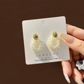 Elegant gold S925 silver pearl drop earrings with vintage stone inlay and geometric design - Vintage Pearl Pendant Style (E4130)