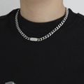 Silver cuban chain necklace with rectangular plate pendant worn on a black shirt - Necklace 50cm+5cm Extension / Silver