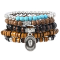 Close-up of 5-piece handmade beaded bracelets with turquoise, wood beads and metal charms - Silver Hat Pendant Coconut Style (63)
