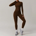 Ensemble de yoga 2 pièces pour femmes avec veste marron zippée et legging haut - S / Haut Et Bas / Marron Bouleau (Veste+Pantalon)