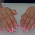 Pink French zebra print press-on nails with 3D floral patterns and gold accents - 3D Pink Flower French Zebra Print (JP3894)