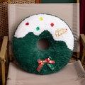 Green Christmas donut plush pillow with Merry Christmas embroidery and red plaid bow - Christmas Wreath / 40CM