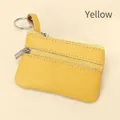 Slim yellow genuine leather coin purse with litchi texture and metal keychain ring - Yellow