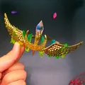 Detail of bohemian gold crown with colorful crystals, golden wings and moon elements - Yellow Green Crystal + Gold Wing Moon