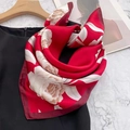 Elegant red square silk scarf with large white floral print on dark clothing - Red Floral Square Scarf / 65