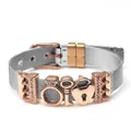 Two-tone silver and rose gold mesh stainless steel keeper bracelet with heart charms - H-Rose Gold (Key Heart Lock)
