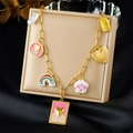 Gold charm bracelet with colorful enamel tulip, rainbow, and heart pendant charms - LOVE Rainbow Cloud Tulip Style (N3546)