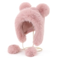 Pink faux fur winter trapper hat with cute bear ears and four fluffy pom-poms on a gold stand - One Size / Pink