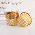 Pack of disposable baking cups featuring yellow checkered patterns and gold foil edges - Single-sided Gold Yellow Plaid