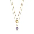 Close-up of double-layer gold necklace with heart and purple moon pendants - Purple