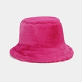 Plush faux fur bucket hat in vibrant hot pink for women providing winter warmth - Rose Red